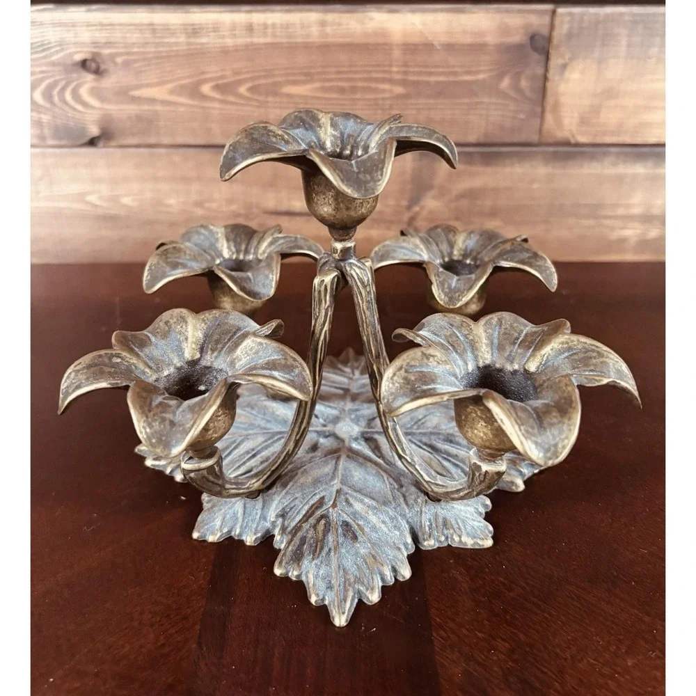 Vintage Italy Brass 5 Flame Lily Candle Holder Floral Candelabra Boho Regency